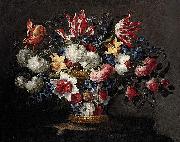 Juan de Arellano roses and other flowers in a wicker basket on a ledge Sweden oil painting artist